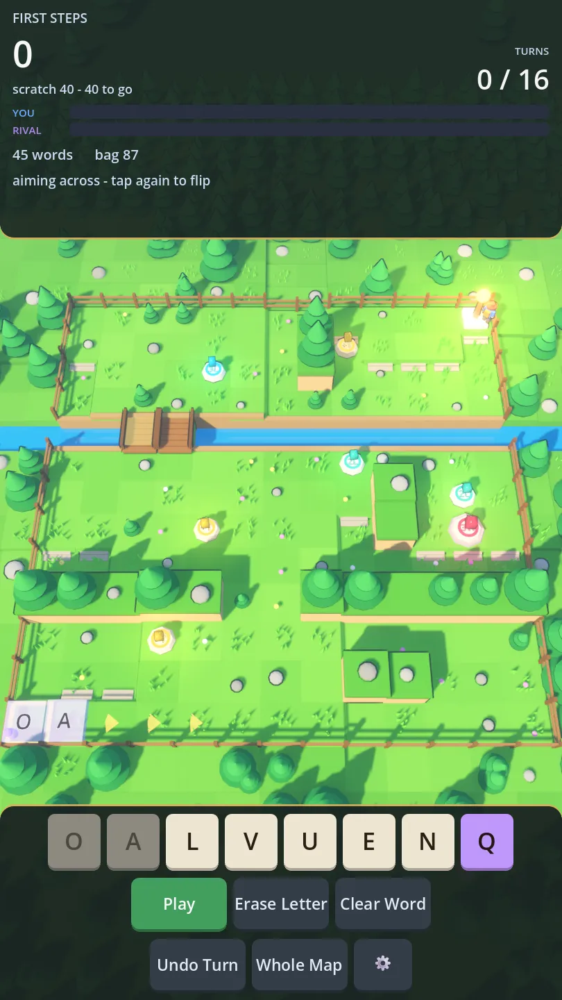 WordPath 3D remake: a grassy island level with a letter rack